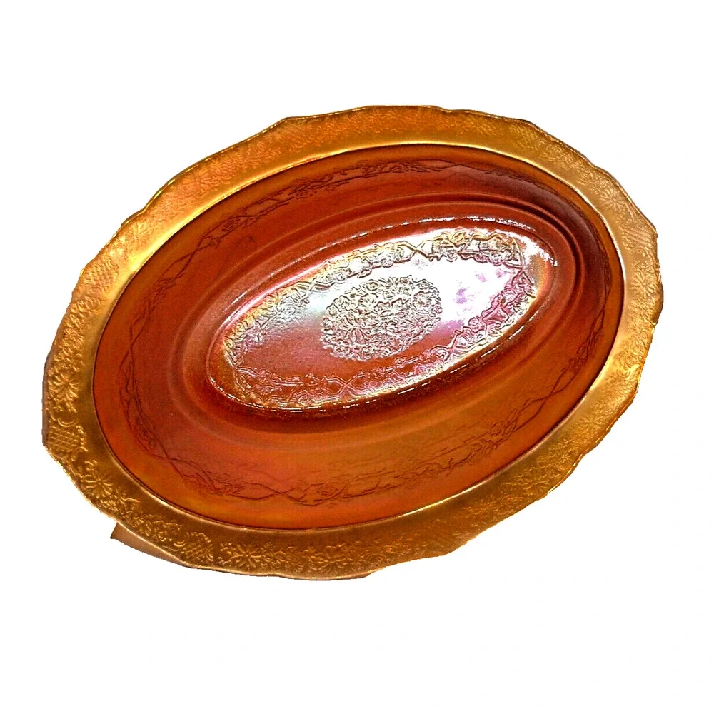Vintage Federal Madrid Amber Marigold Carnival Glass 10.5” Oval Serving Bowl